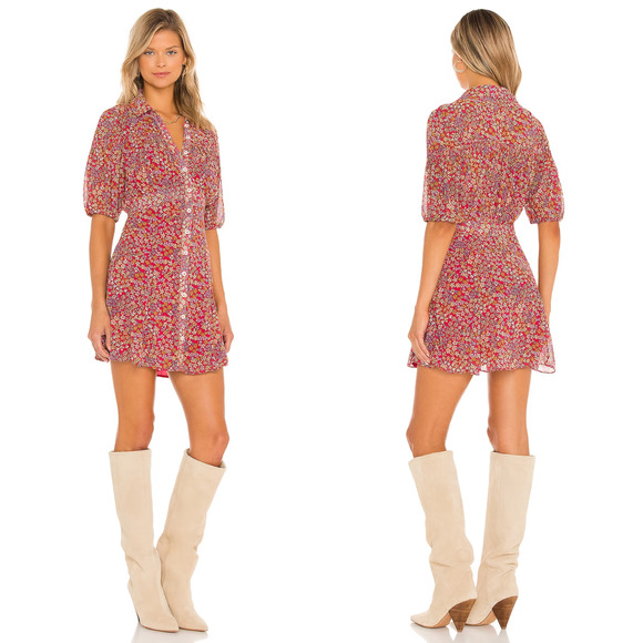 Free People Mini Shirt Dress Small Pink Bonnie Floral Puff Sleeve Bonnie NEW - Picture 2 of 14